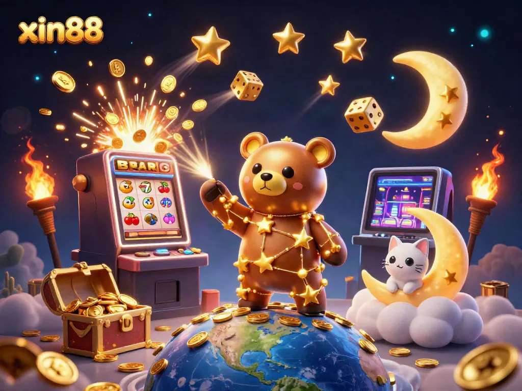 Experience the excitement of xin88 with a vibrant 3D illustration featuring a constellation bear scooping coins and a jackpot slot machine burst.