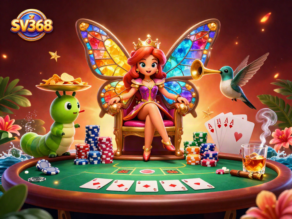 SV368 showcases a butterfly queen surrounded by colorful poker elements in an enchanting casino scene.