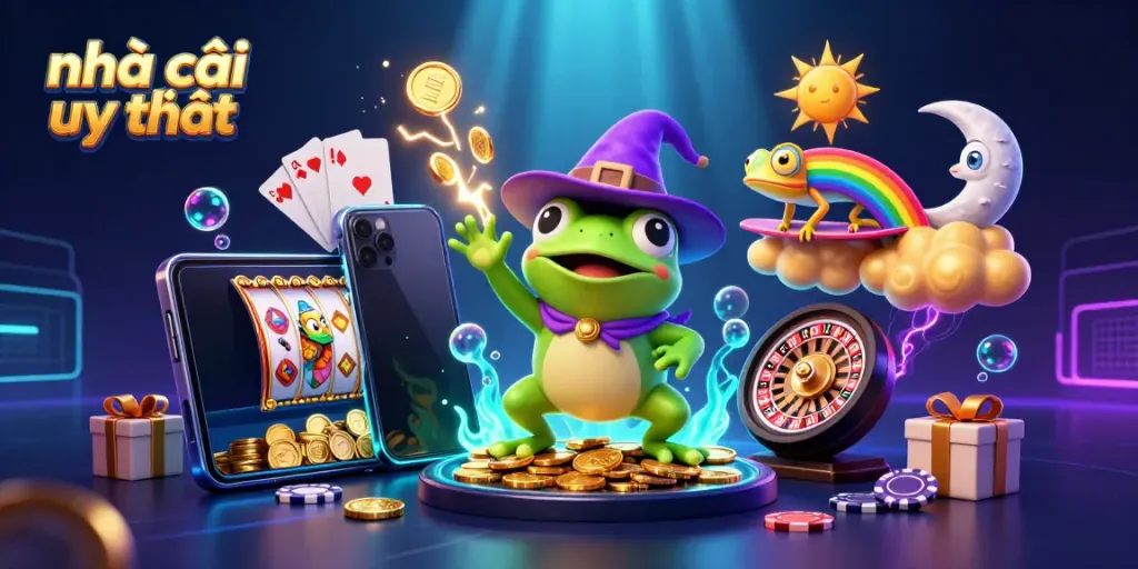 Experience the excitement of nhà cái uy tín with a fantasy scene of coins and casino games.
