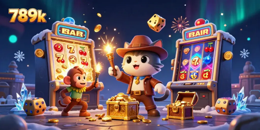 Experience the excitement of 789k with a vibrant casino adventure featuring slot machines and treasures.