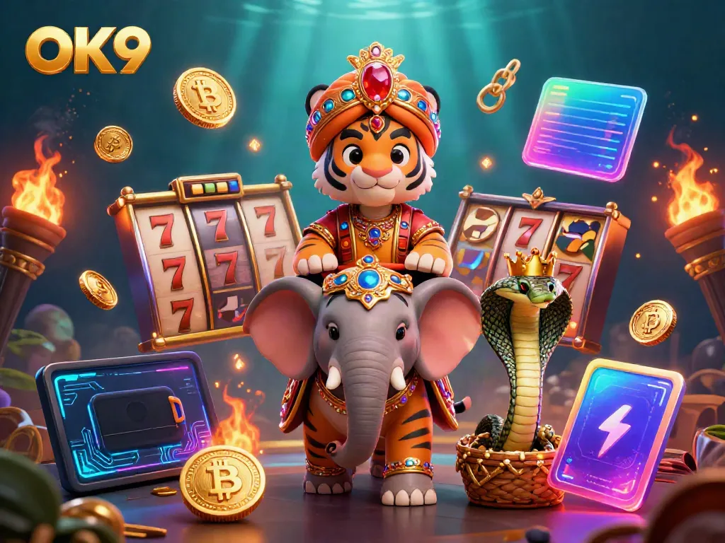 Experience thrilling slot games at OK9 with a majestic maharaja tiger and jewel-encrusted animals.