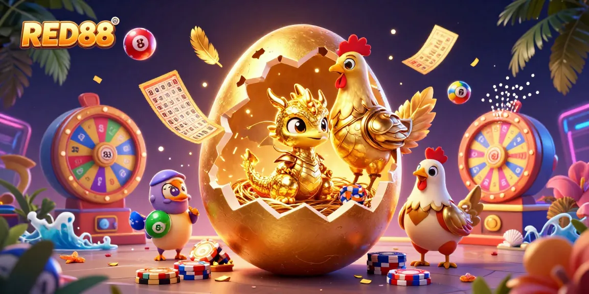 Engage with RED88’s thrilling gaming experience featuring a golden dragon, poker chips, and vibrant lottery elements.