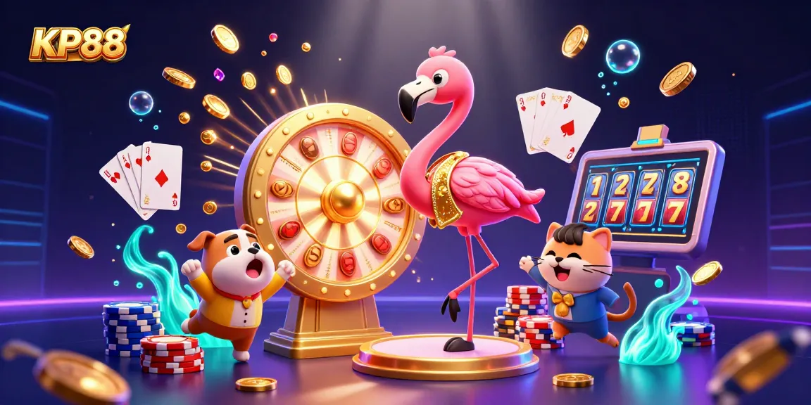 Experience thrilling gameplay at KP88 with animated prize wheel, vibrant casino elements, and festive atmosphere.