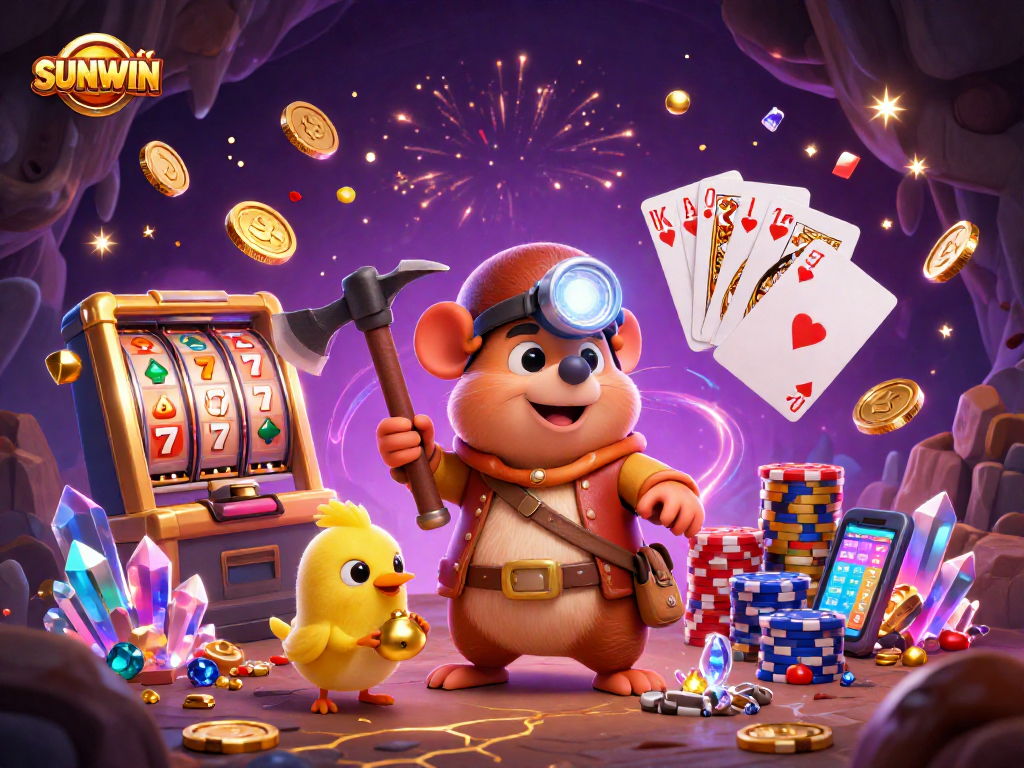 Play slots with SUNWIN in this vibrant, energetic 3D casino scene featuring treasures and excitement.