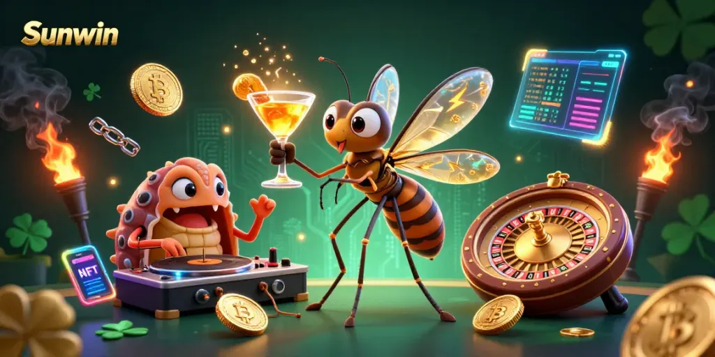 Experience Sunwin's vibrant gaming scene with a dynamic casino mascot, symbols of luck, and crypto icons.