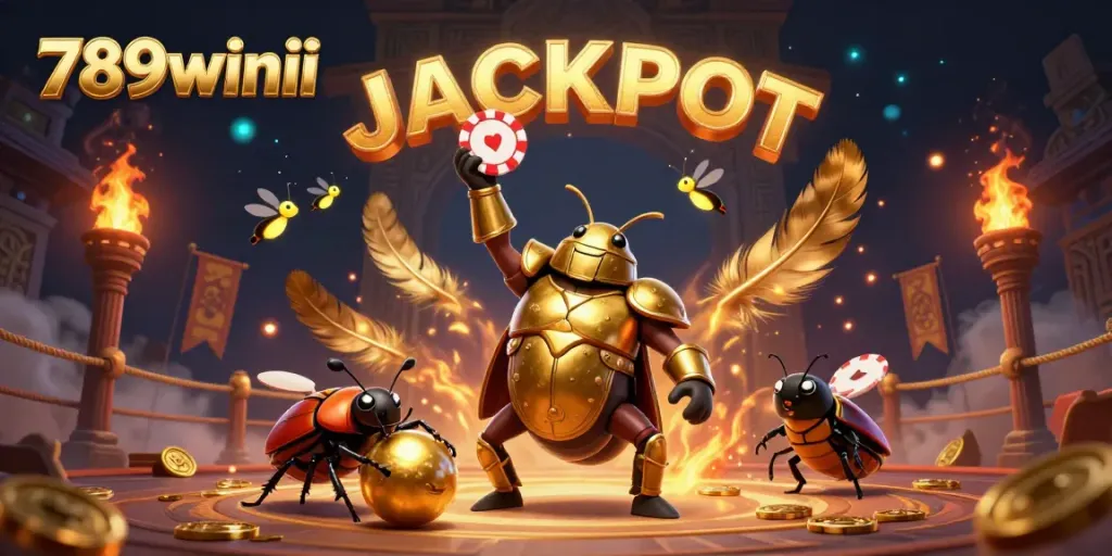 Experience the thrill of 789winii with a victory scene featuring a heroic beetle lifting a poker chip amid casino elements.