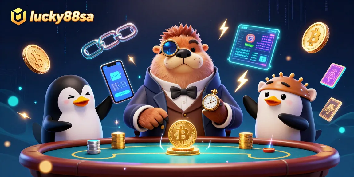 Players experience poker excitement at lucky88sa with a jolly walrus and a sophisticated penguin dealer.
