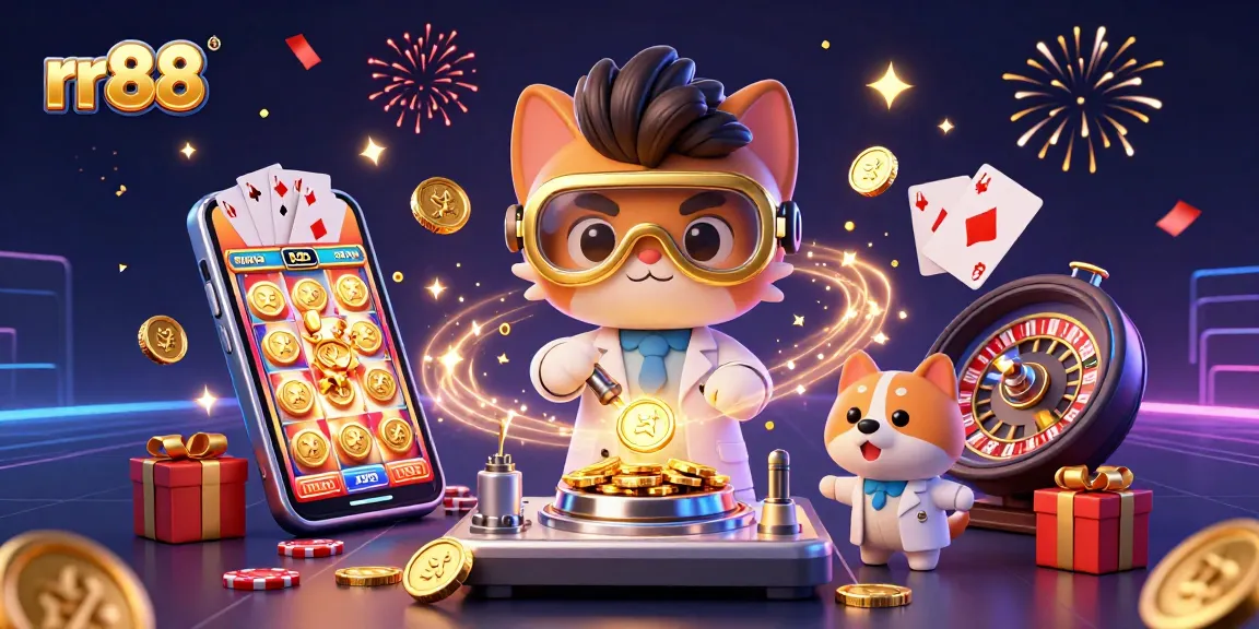 Experience exciting gaming action at rr88 with a mad scientist cat and a loyal dog in a vibrant casino scene.