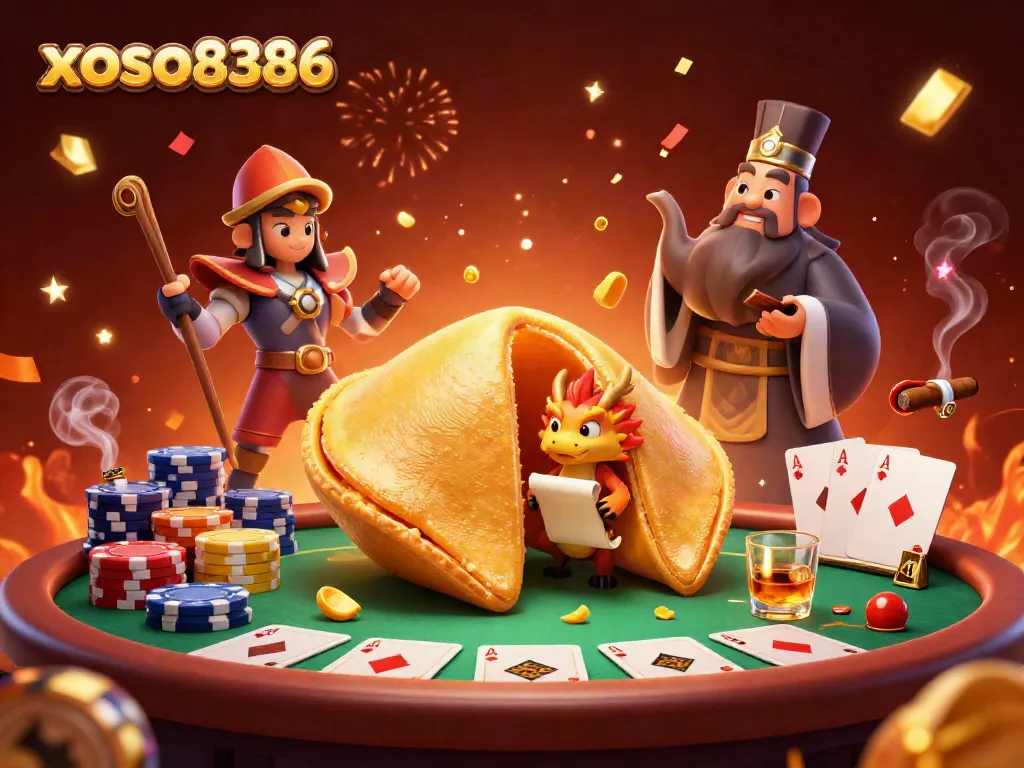 Engage with xoso8386's captivating gaming world featuring a golden fortune cookie, poker chips, and vibrant celebration elements.