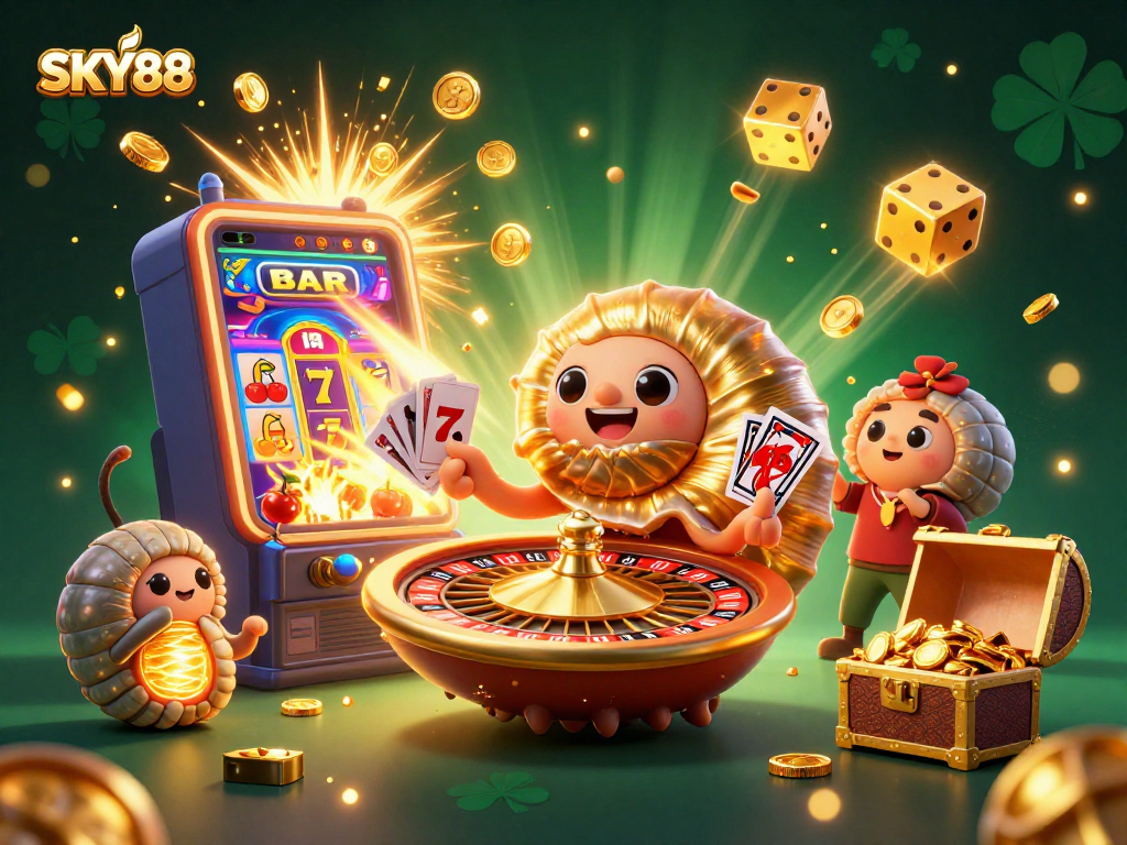 Experience the excitement of SKY88's vibrant casino scene with jackpot wins and immersive gaming elements.