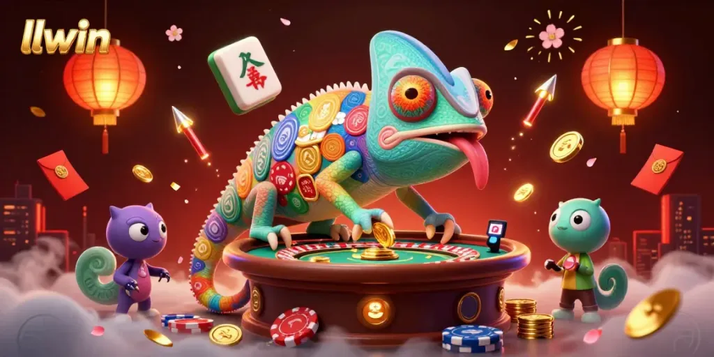 llwin engages players with an energetic casino scene featuring a chameleon's colorful antics and festive decor.