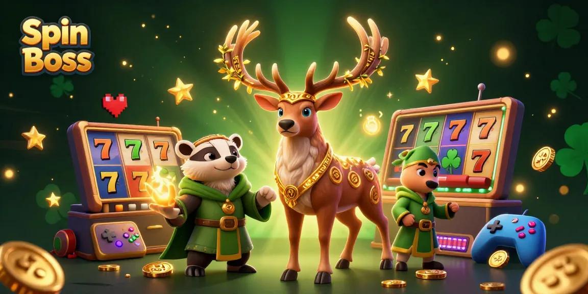 Spin Boss entertains with vibrant slot reels, druid stag, and casino-themed magic.