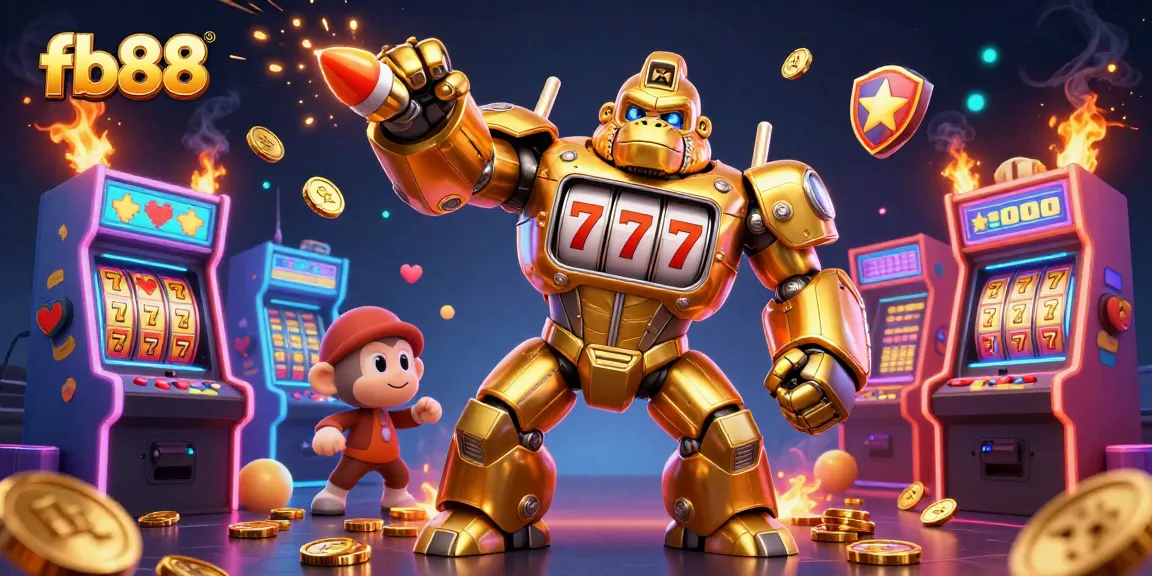 Win big at fb88 with vibrant gaming elements featuring a golden gorilla mech and arcade games.
