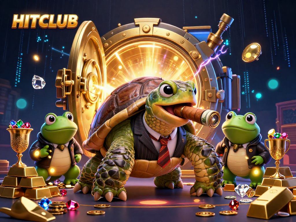HITCLUB showcases a vibrant casino scene with a stylish turtle and bullfrog enforcers amidst treasure and neon lights.