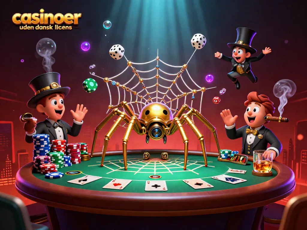 Engaging scene of a steampunk spider illustrating casinoer uden dansk licens, surrounded by vibrant poker elements.