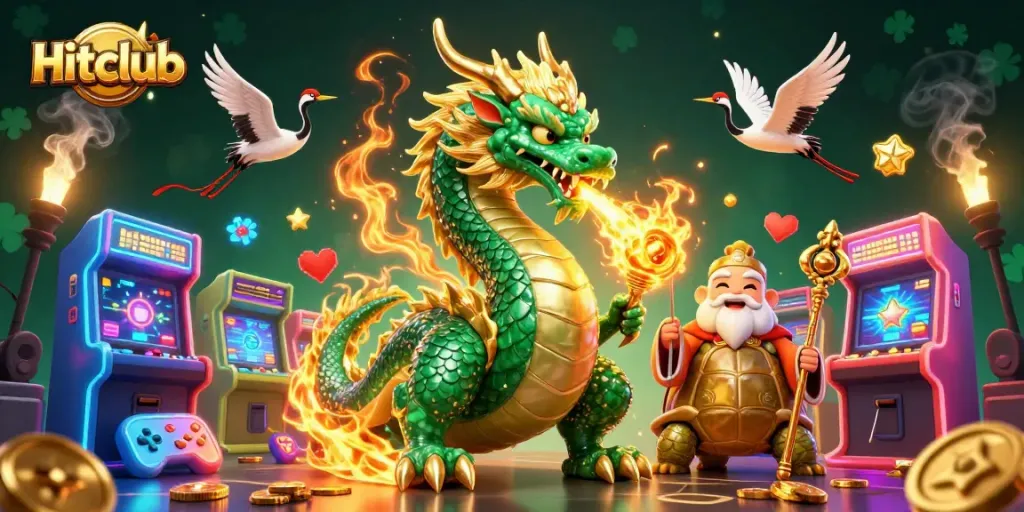 Hitclub brings luck to players with a jade dragon, turtle sage, and lucky cranes in a vibrant casino scene