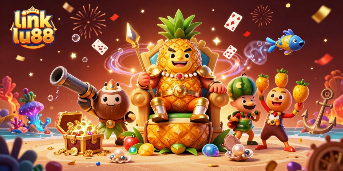 Experience excitement with link lu88 featuring a golden pineapple king in an engaging casino environment.