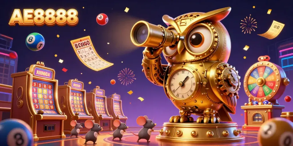 Experience the vibrant AE8888 casino scene with a golden owl and lively lottery games.