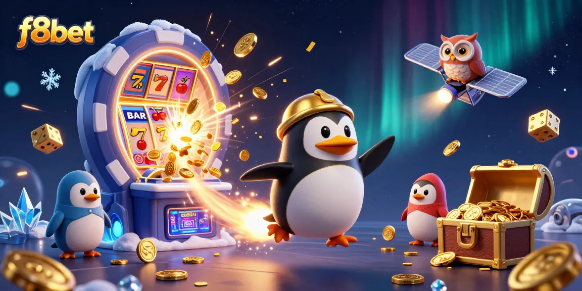 Experience the exciting world of F8BET with a golden penguin racing towards a casino-themed space station.