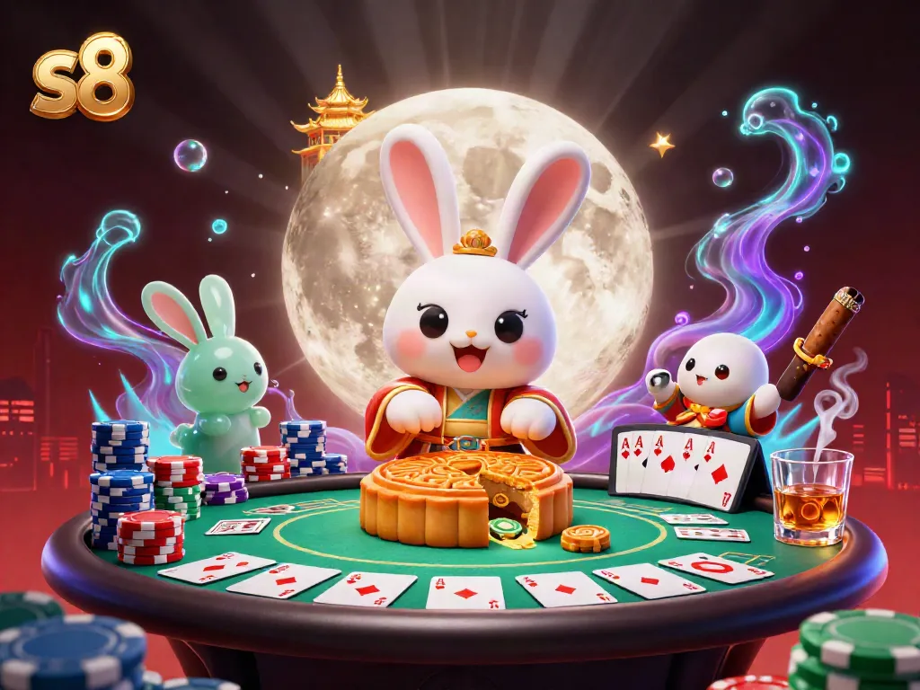 Experience thrilling poker moments with s8 in this vibrant casino-themed lunar festival illustration.