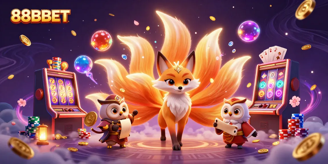 Engage with thrilling gameplay at 88BBET, featuring a vibrant scene with a nine-tailed fox and a wise owl.