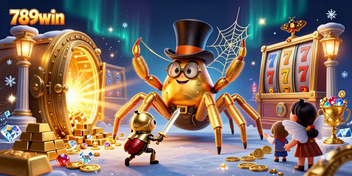 Engage with 789win’s dynamic casino scene featuring a golden tarantula weaving fortune amidst dazzling treasures.