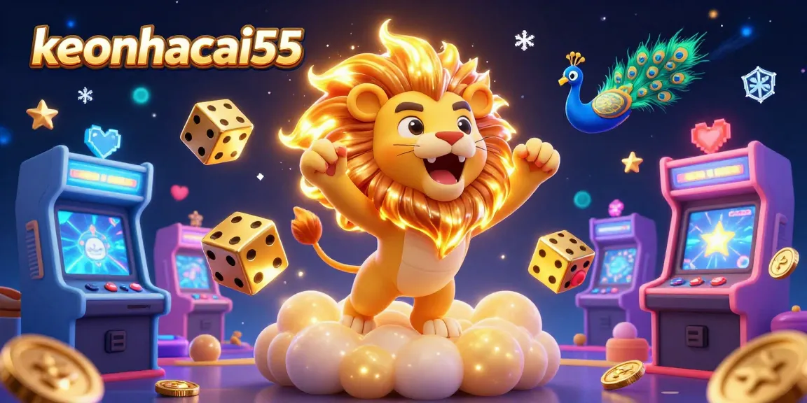 Engage with keonhacai55, a dynamic scene featuring a 3D lion and casino elements illuminating the gaming landscape.