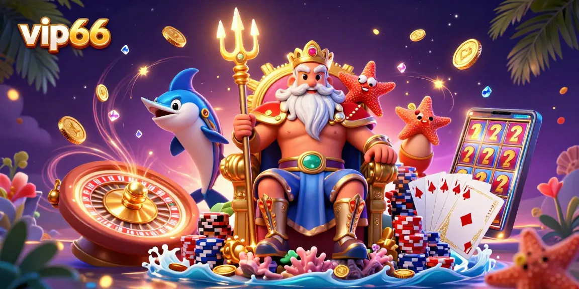 Play and win at vip66 with vibrant casino elements amidst cartoon Neptune and lively sea characters.