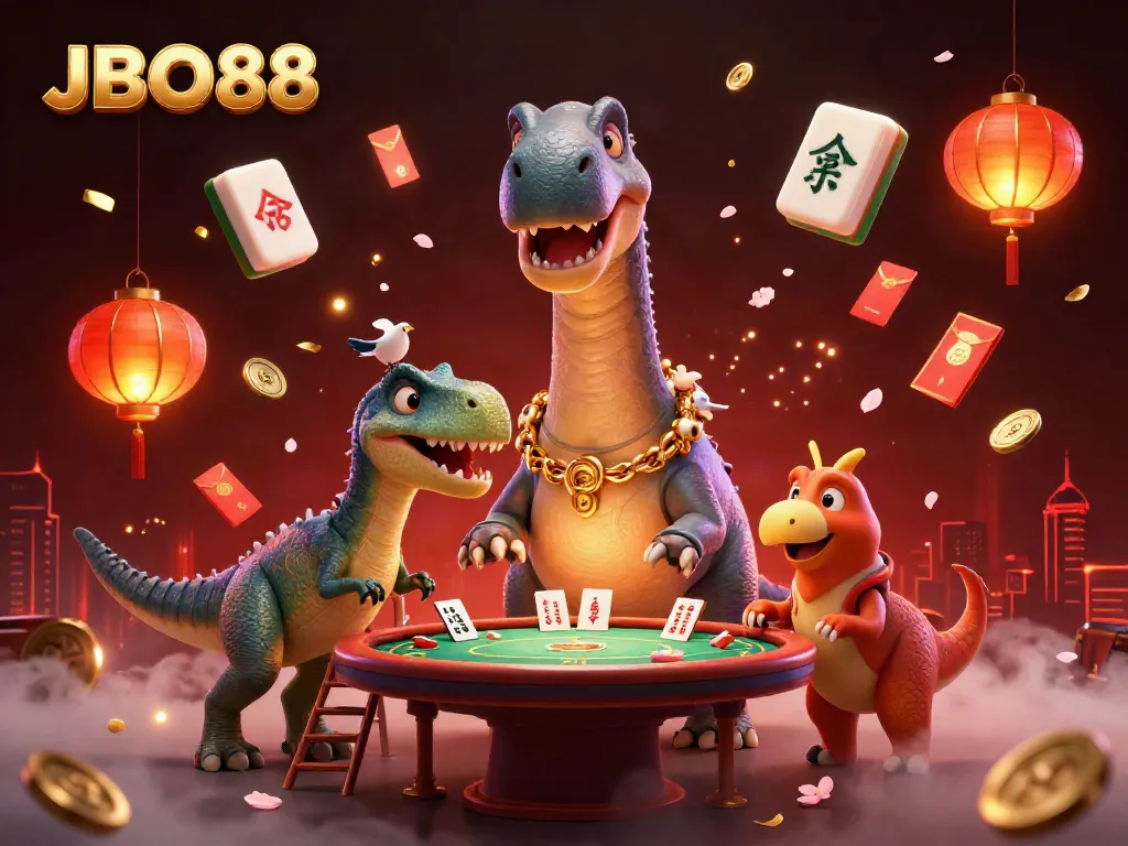 Experience the excitement of JBO88 with a playful dinosaur theme in this vibrant casino scene.