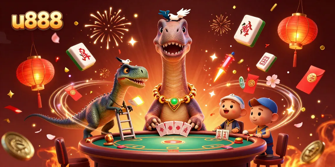 Engage in thrilling gaming experiences with u888 as a brontosaurus overlooks a vibrant casino scene.