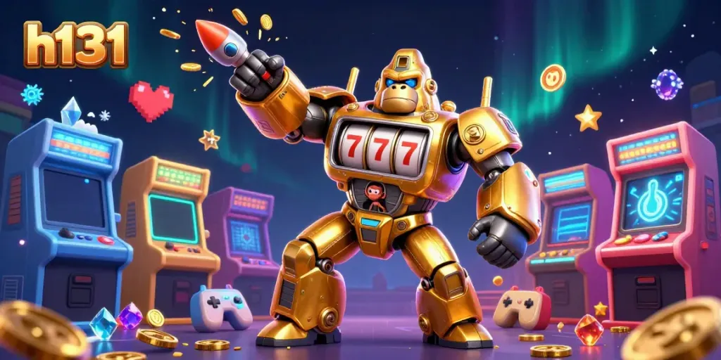 Engage with h131 gaming excitement through a dynamic casino illustration of a golden mech and gaming elements.