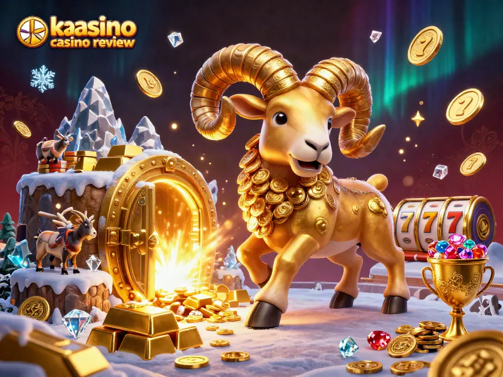 Kaasino casino review features a lavish 3D scene highlighting golden treasures and lively gaming elements.