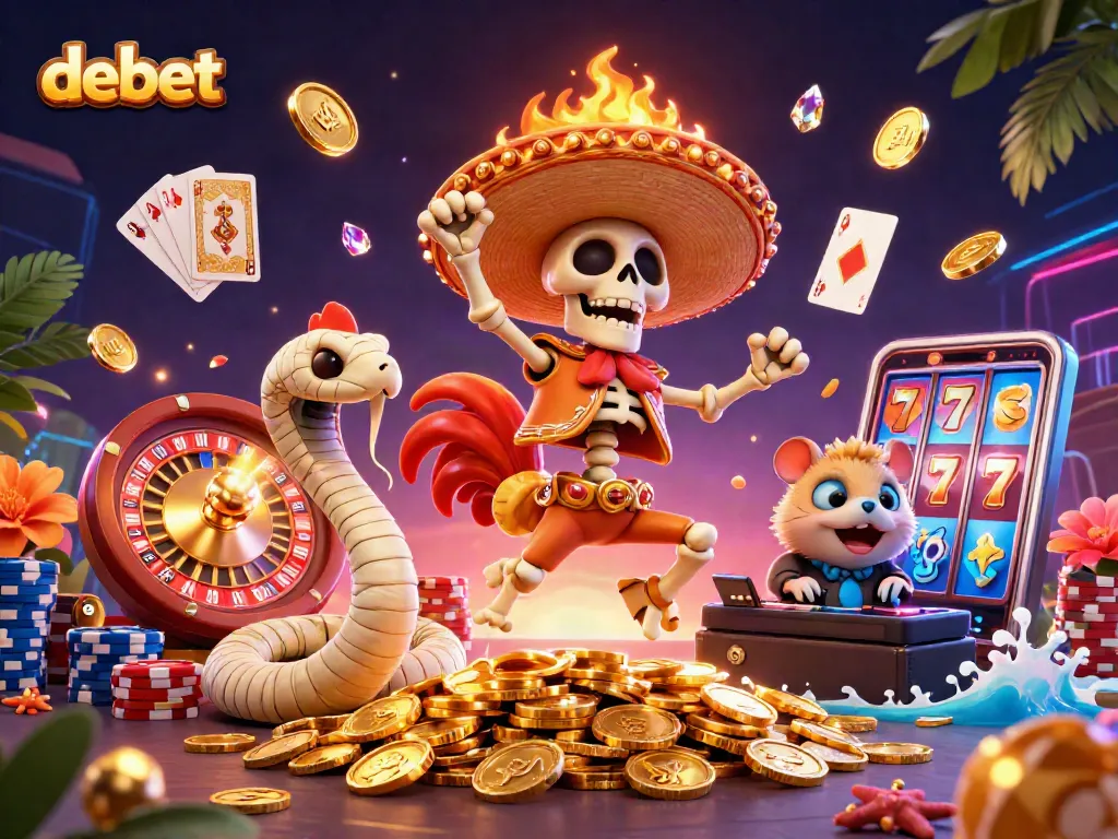 Experience debet gaming excitement with vibrant illustrations of casino characters and action.