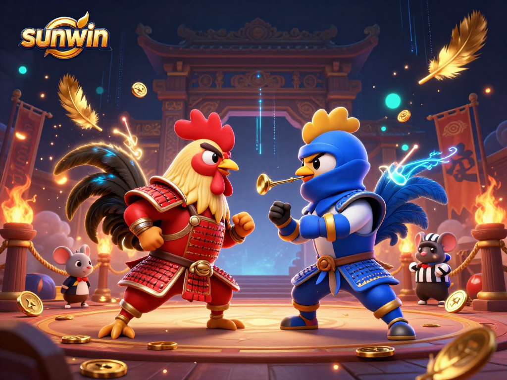 Sunwin engages players with a thrilling cockfighting arena scene featuring dynamic roosters.