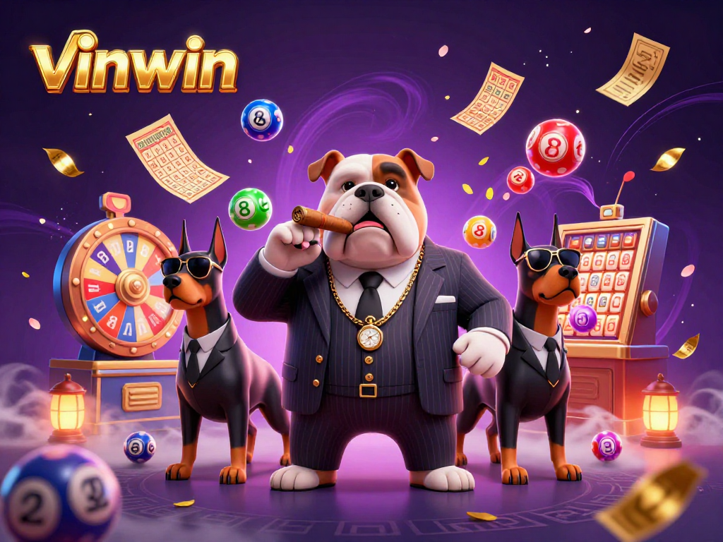 Experience excitement at vinwin with dynamic lottery balls, a mafia bulldog, and thrilling casino elements.