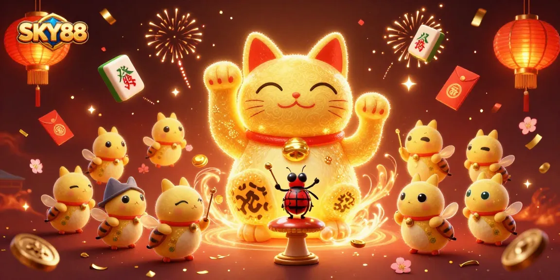 Experience the thrill of winning with SKY88's vibrant casino elements and lucky cat illustration.