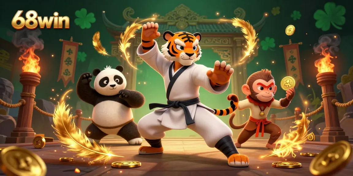 Engage with thrilling gameplay at 68win, where a kung fu tiger, panda, and monkey illustrate a winning moment.