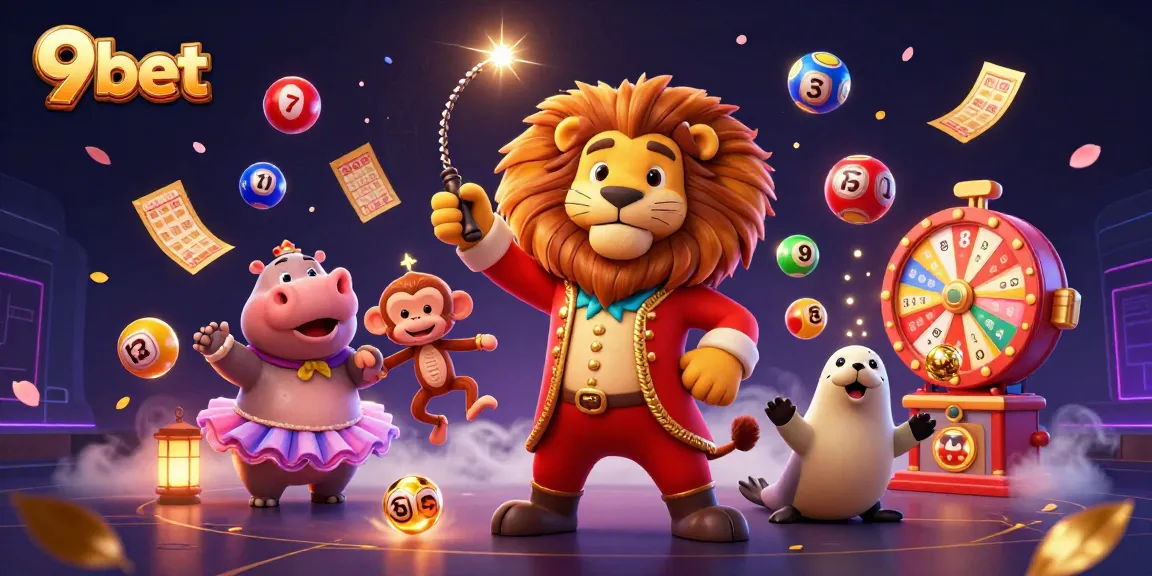 Experience thrilling excitement with 9bet's dynamic circus-themed illustration featuring vibrant lottery elements.