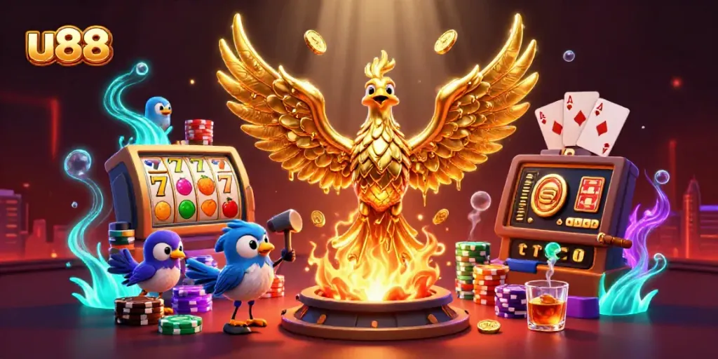 Engage with u88's vibrant online gaming scene featuring a golden phoenix and dynamic slot elements.