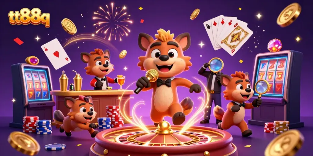 tt88q hyenas running a comedy casino club with vibrant games and golden coins