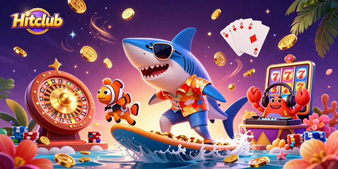 Hitclub offers thrilling gameplay with a vibrant scene of playful casino characters amidst dazzling gold coins.
