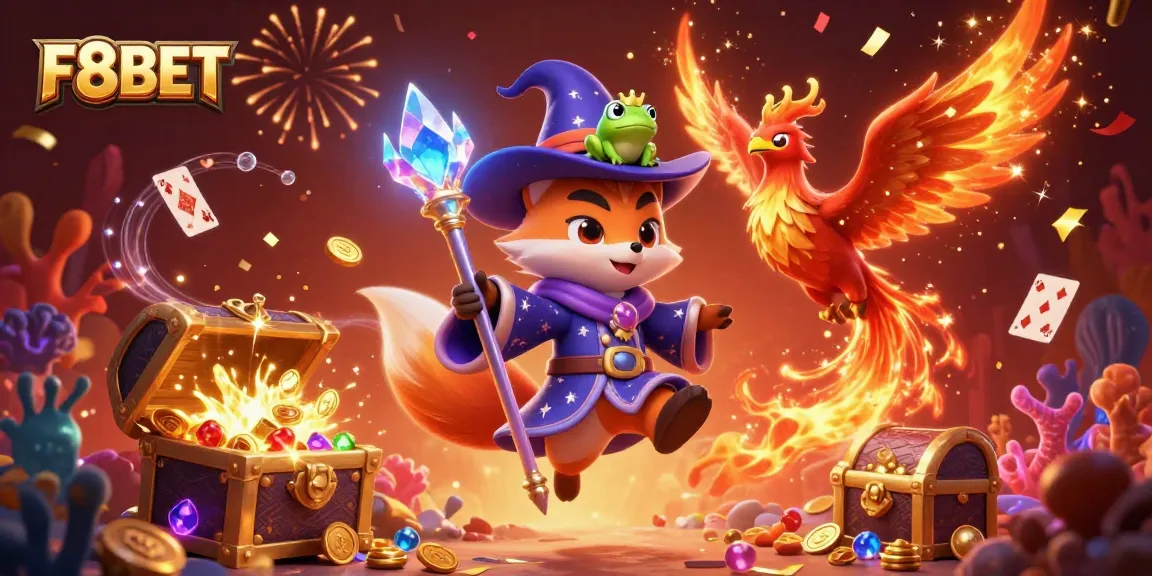 Experience thrilling gaming with F8BET's rich 3D illustration featuring casino elements and vibrant characters.