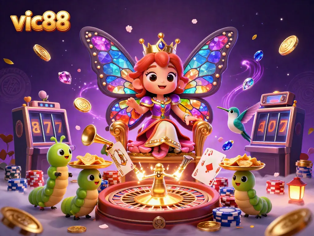 Experience the excitement of vic88 with a vibrant, ultra-detailed 3D casino illustration featuring a butterfly queen and gaming elements.