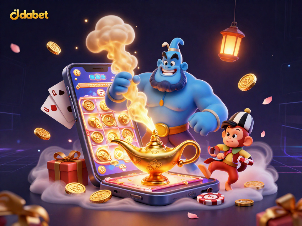 Dabet showcases a vibrant scene with a genie, monkey, and magic carpet overflowing poker chips in a dynamic casino setting.