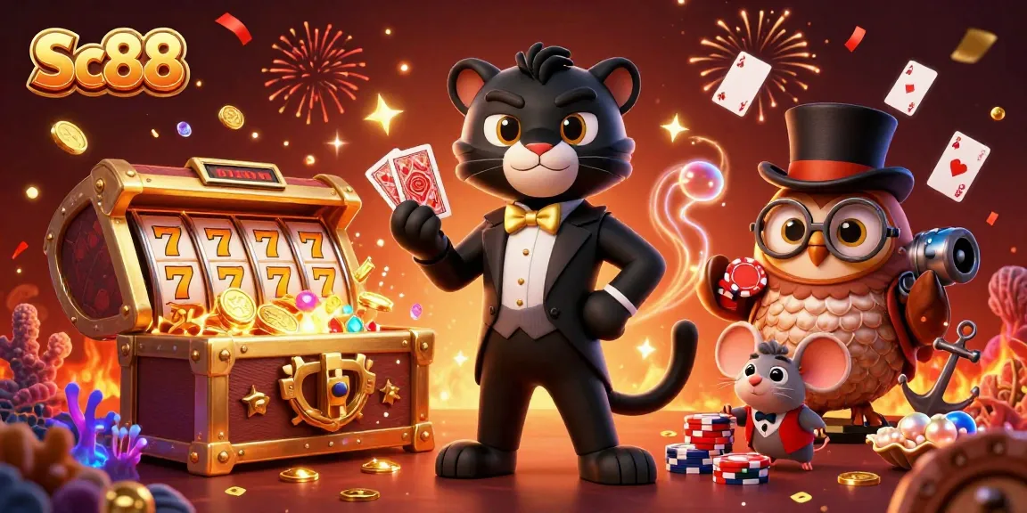 Engage with the thrilling world of Sc88, where a stylish panther deals cards amidst vivid casino elements.