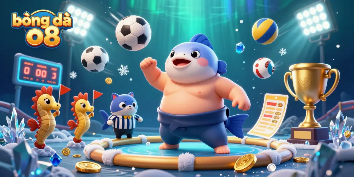 bóng đá o8 showcases an energetic underwater casino scene featuring a fugu, catfish referee, and seahorse fans amidst dynamic sports elements.