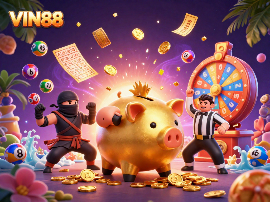 Experience thrilling gameplay at VIN88 with vibrant lottery balls and casino elements in an engaging scene.