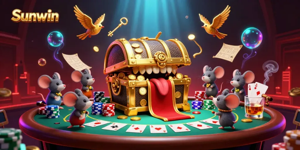 Sunwin illustration featuring a golden treasure chest and poker elements highlighting exciting gameplay.