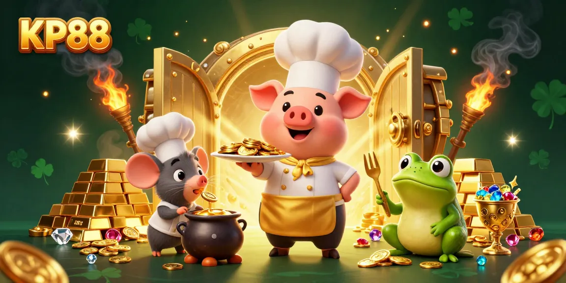 Bet big with KP88 as the chef pig serves gold coins, surrounded by dazzling treasure.