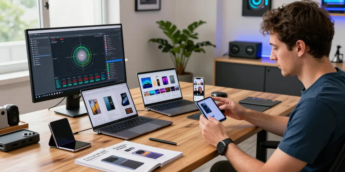 Professional reviewer tests foldable phones 2026 in a modern workspace with tech devices and light.